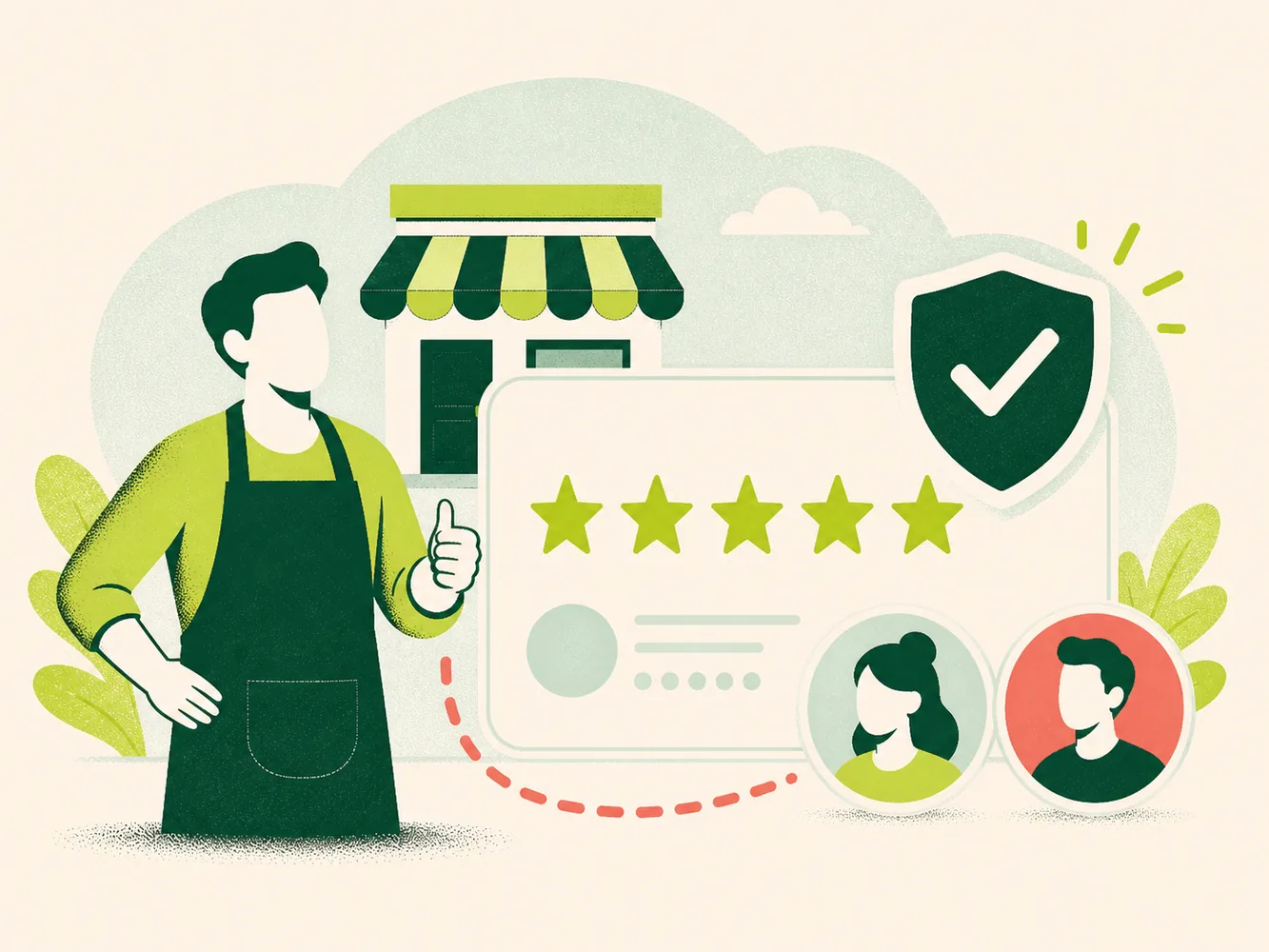 Local business owner supported by five-star reviews and verified customer trust signals