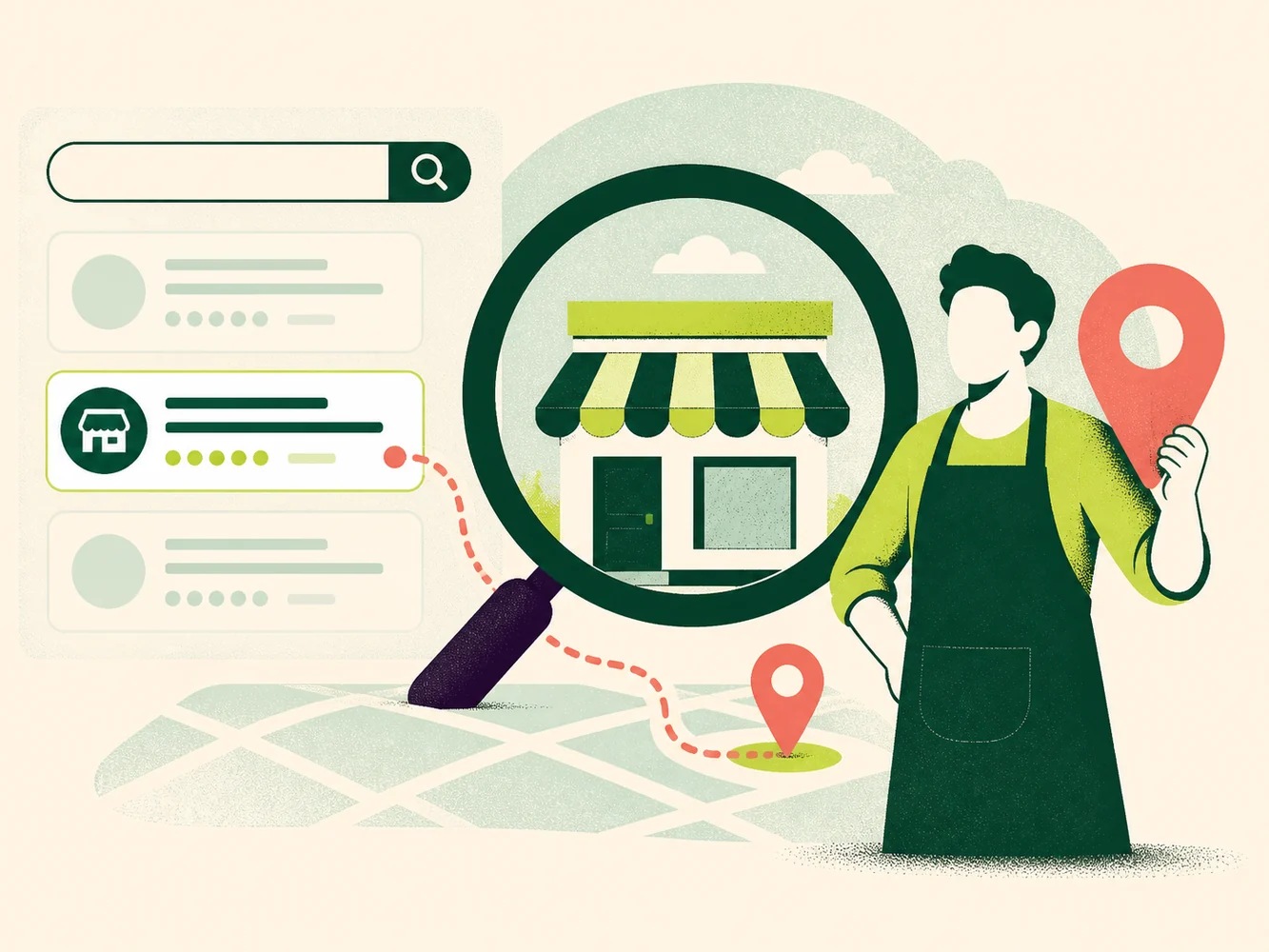 Editorial illustration of a local business highlighted across search results and a city map