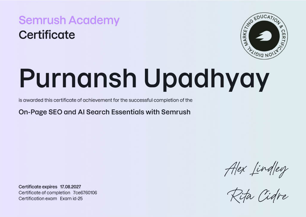 Semrush Academy On-Page SEO and AI Search Essentials certificate awarded to Purnansh Upadhyay